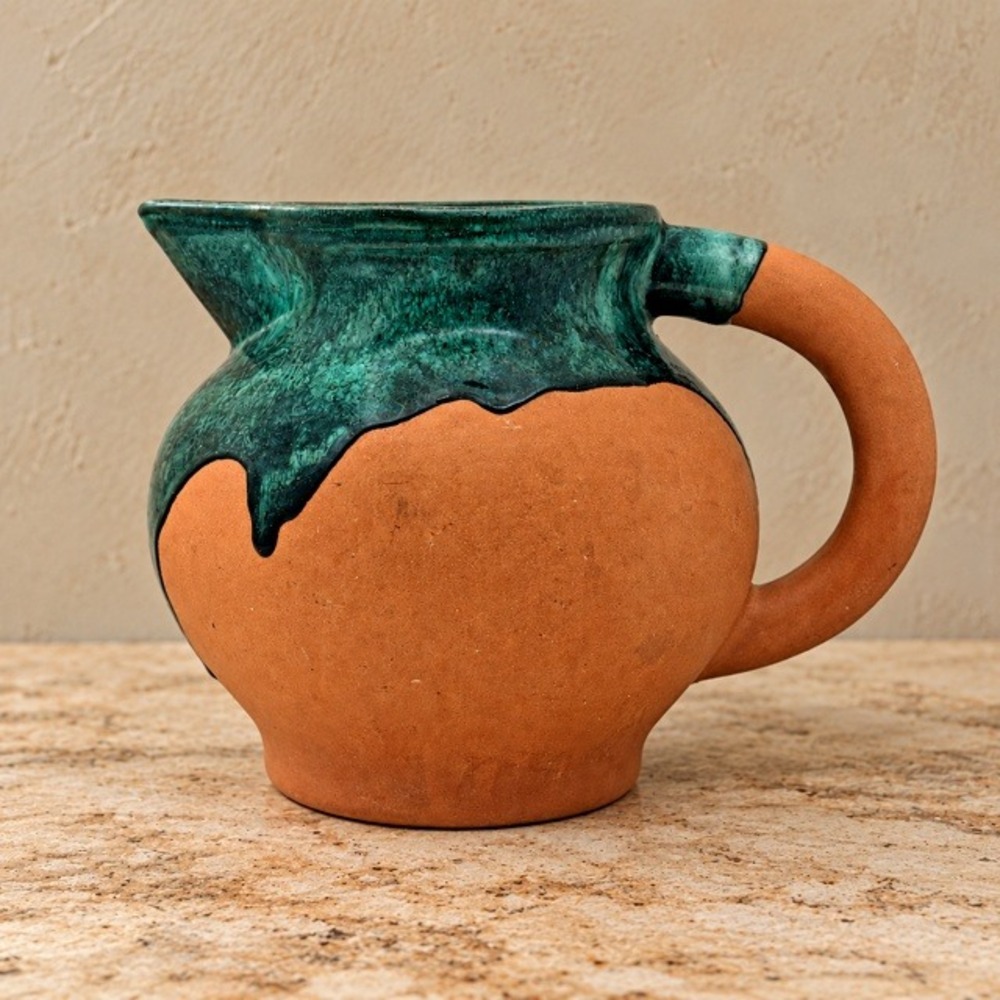 Vintage Green Drip Glaze Pottery Pitcher 7.5" Terracotta Rustic Studio MCM